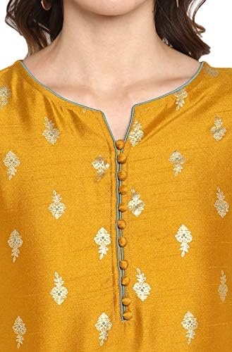 Janasya Indian Women's Mustard Foil Printed Poly Silk Ethnic Dress