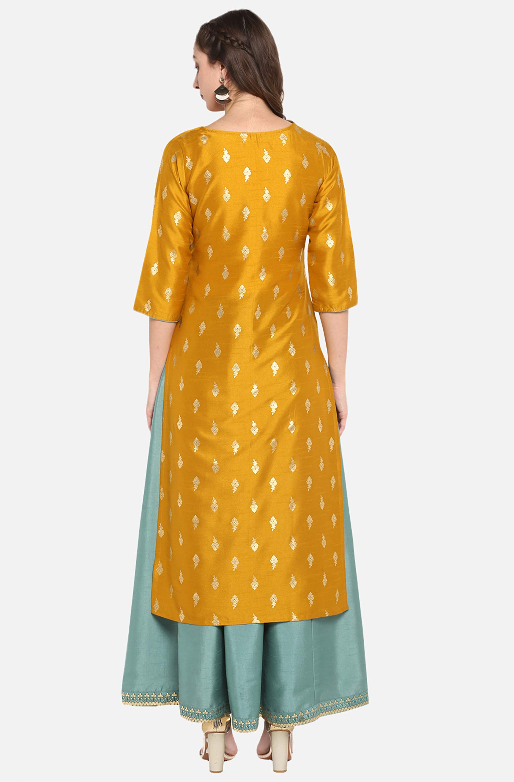 Janasya Indian Women's Mustard Foil Printed Poly Silk Ethnic Dress