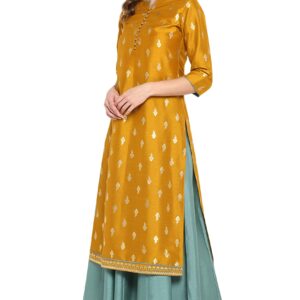 Janasya Indian Women's Mustard Foil Printed Poly Silk Ethnic Dress