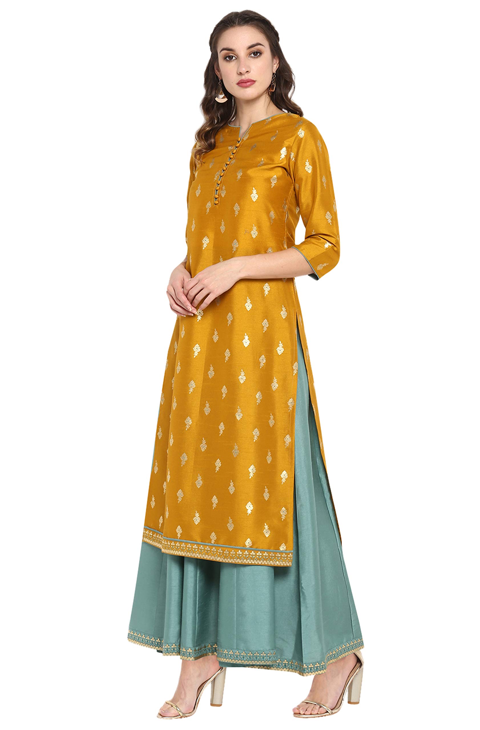 Janasya Indian Women's Mustard Foil Printed Poly Silk Ethnic Dress