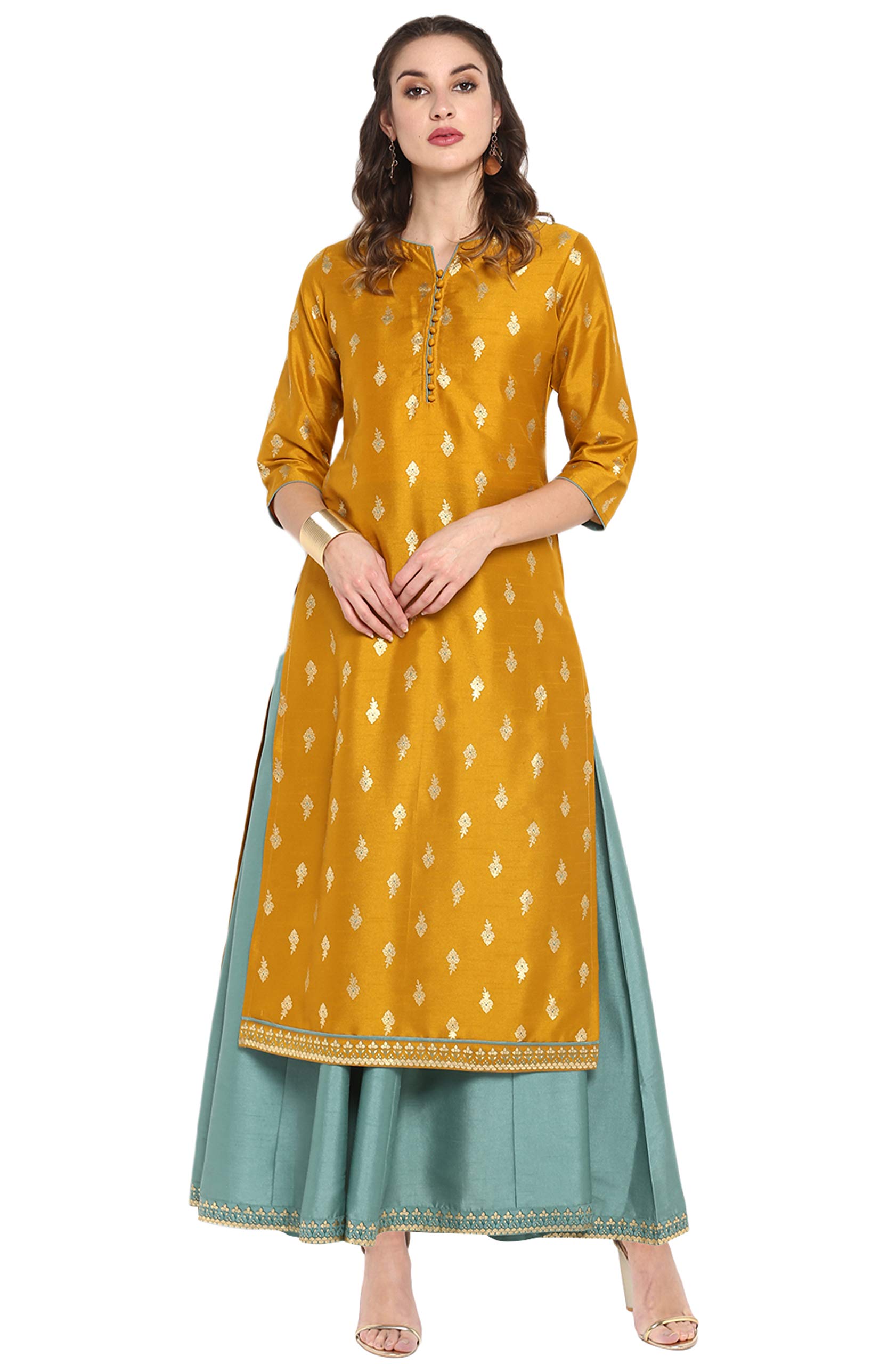 Janasya Indian Women's Mustard Foil Printed Poly Silk Ethnic Dress