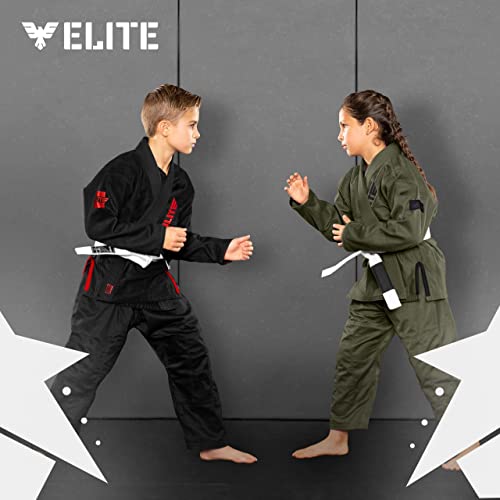 Elite Sports Kids BJJ GI, Youth IBJJF Children’s Brazilian Jiujitsu Gi kimono W/Preshrunk Fabric & Free Belt (Black, 0)