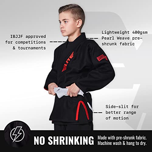 Elite Sports Kids BJJ GI, Youth IBJJF Children’s Brazilian Jiujitsu Gi kimono W/Preshrunk Fabric & Free Belt (Black, 0)