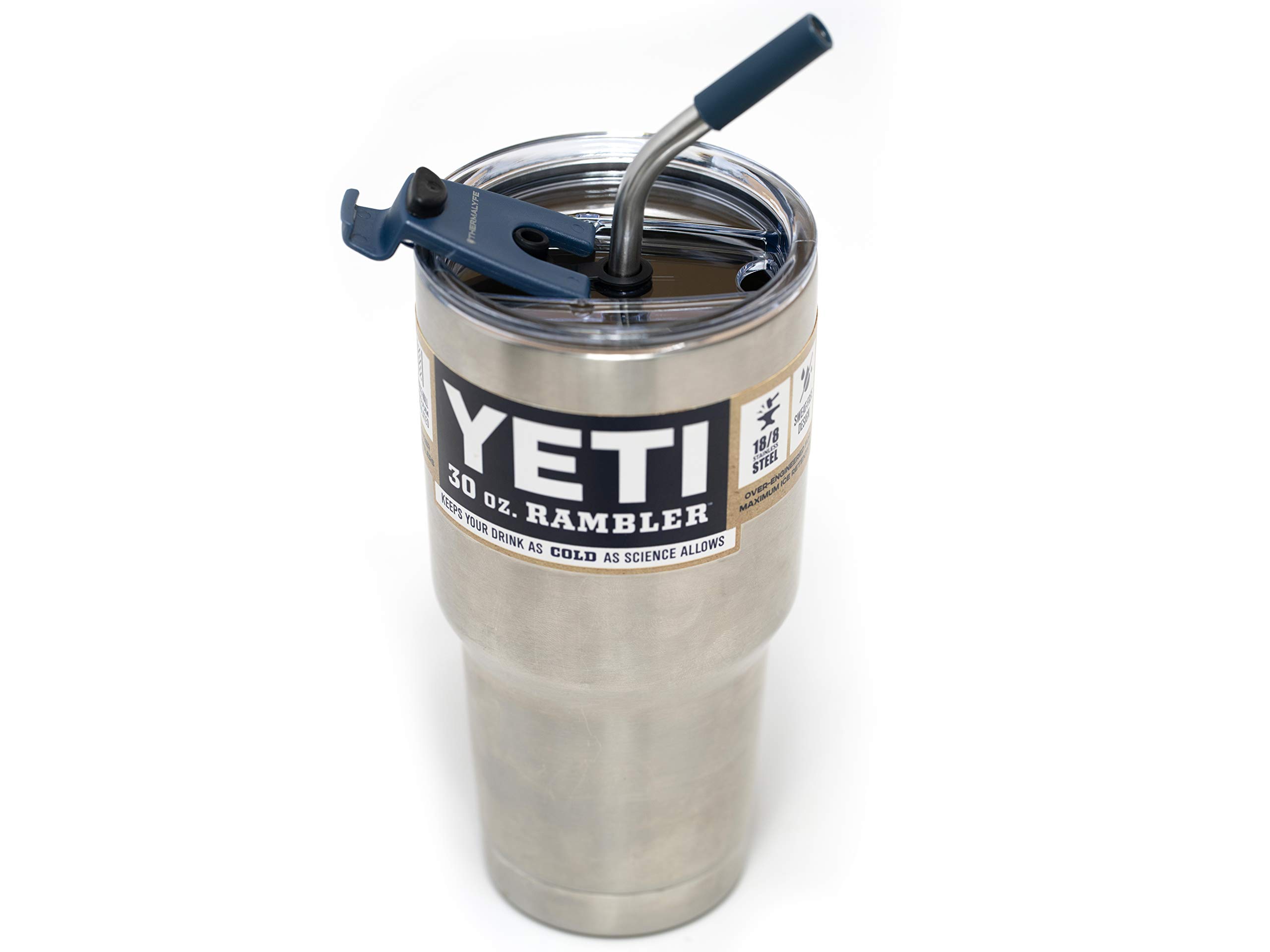 Spill Proof Tumbler Lid with Angled Stainless Steel Straw + Silicone Straw Tip + Straw Cleaning Brush for Yeti Rambler or Ozark Trail Tumblers (30oz, Navy)