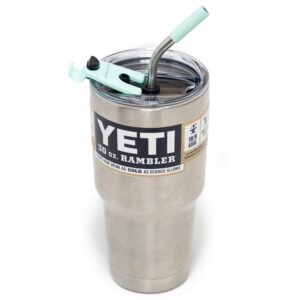 Spill Proof Tumbler Lid with Angled Stainless Steel Straw + Silicone Straw Tip + Straw Cleaning Brush for Yeti Rambler or Ozark Trail Tumblers (30oz, Seafoam)