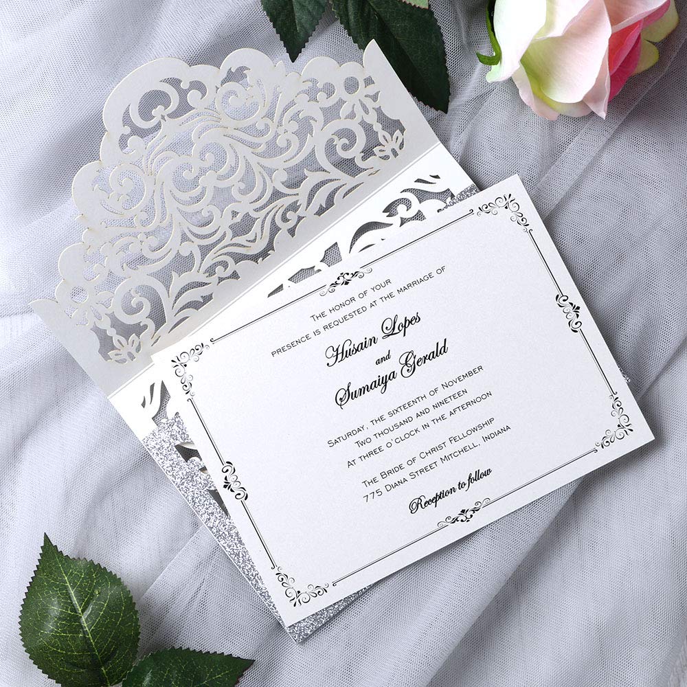 YIMIL 20 Pcs Laser Cut Wedding Invitation Card with Envelope for Wedding Quinceanera Bridal Shower Baby Shower Party Invite (Silver Glitter)