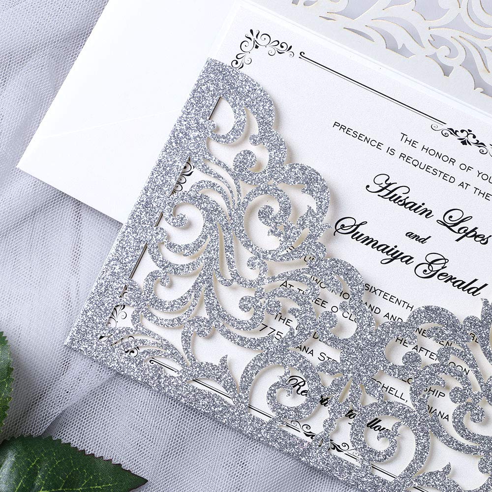 YIMIL 20 Pcs Laser Cut Wedding Invitation Card with Envelope for Wedding Quinceanera Bridal Shower Baby Shower Party Invite (Silver Glitter)