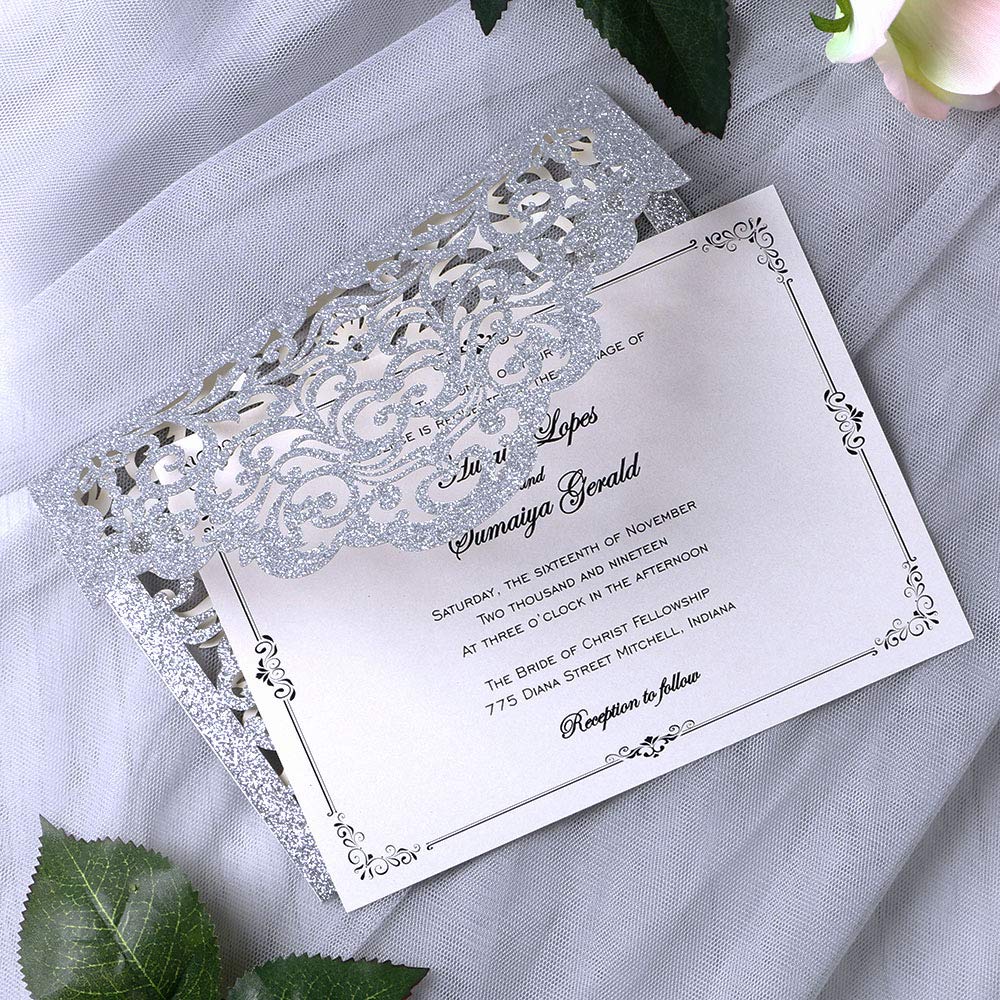 YIMIL 20 Pcs Laser Cut Wedding Invitation Card with Envelope for Wedding Quinceanera Bridal Shower Baby Shower Party Invite (Silver Glitter)