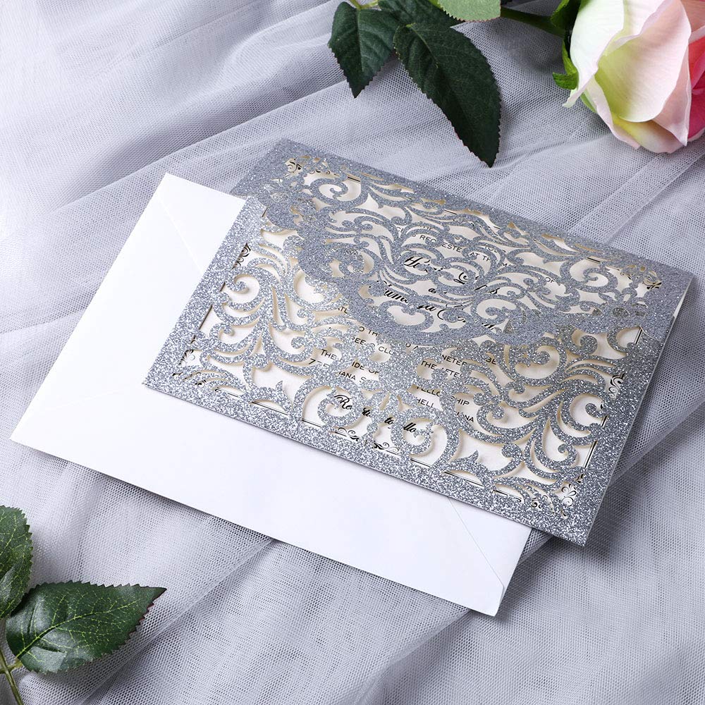 YIMIL 20 Pcs Laser Cut Wedding Invitation Card with Envelope for Wedding Quinceanera Bridal Shower Baby Shower Party Invite (Silver Glitter)