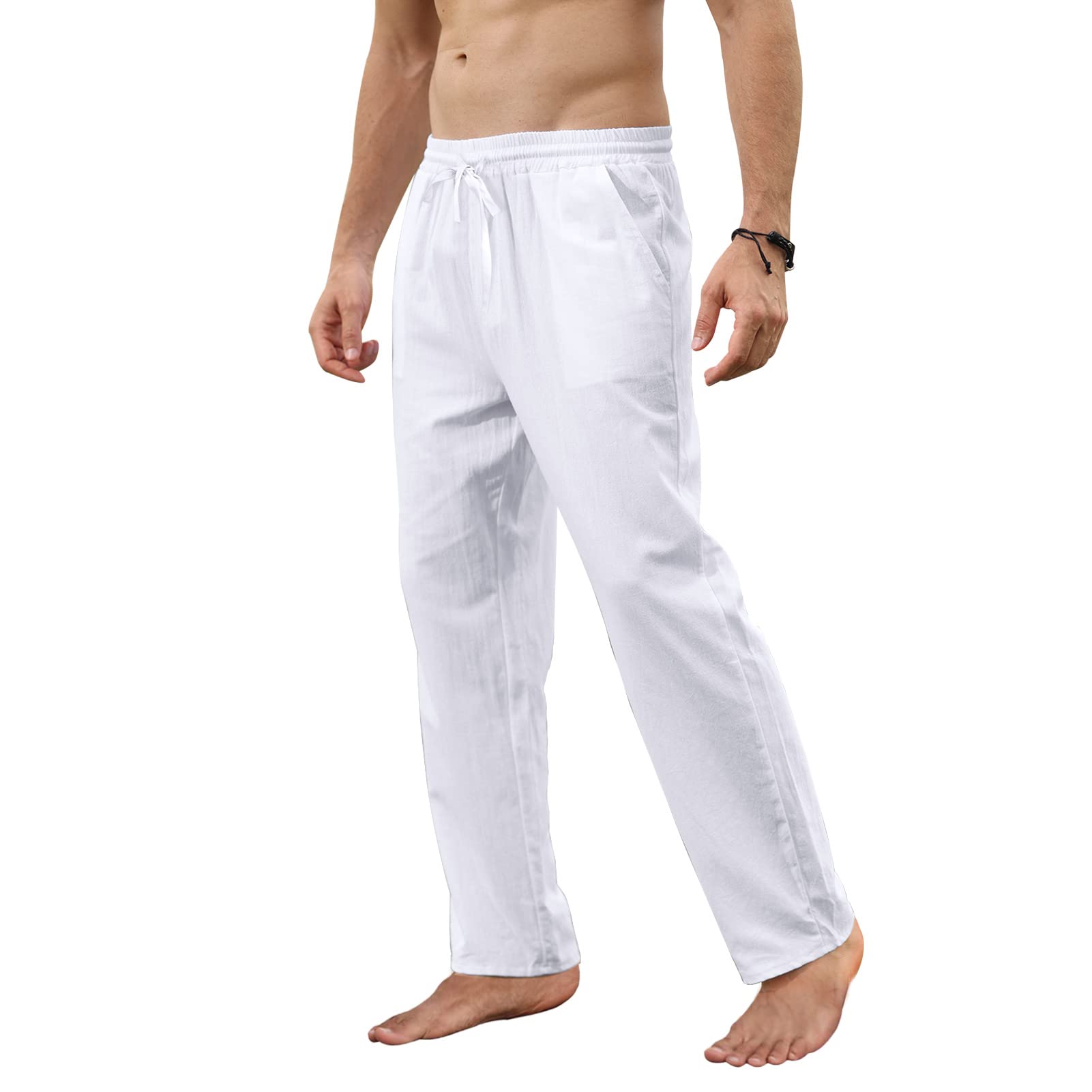 MorwenVeo Men's Linen Pants Casual Long Pants - Loose Lightweight Drawstring Yoga Beach Trousers Casual Trousers - 6 Colors White