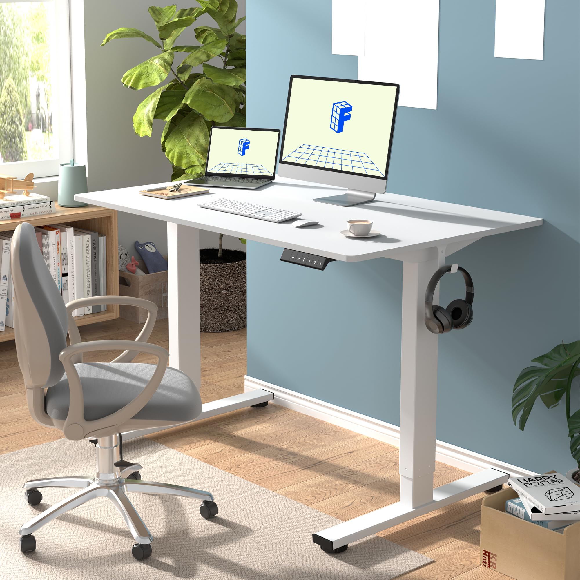 FLEXISPOT Standing Desk Solid One-Piece Desktop Height Adjustable Desk, Electric Sit Stand Up Desk Home Office Desks (48 x 24 Inches White Desktop + White Frame)