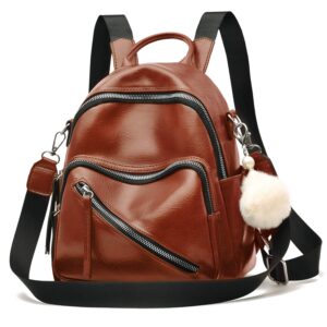 women cute mini leather backpacks, convertible shoulder bag casual holiday small rucksack, brown