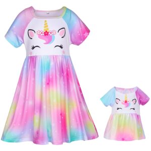 Play Tailor Doll and Girl Matching Nightgown Unicorn Outfit Pajamas Night Dress for Girls and 18" Dolls Clothes (Doll Not Included), 6-7 Years, Colorful Purple