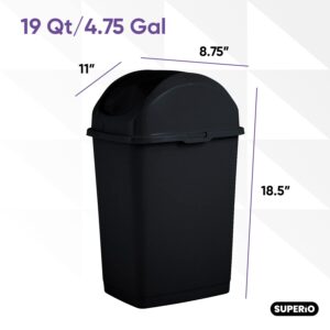 Superio Medium Trash Can with Lid 4.5 Gallon Plastic Swing Top Garbage Can Slim Waste Bin for Under Sink/Cabinet, Laundry Room, Kitchen, Office, Bedroom, Bathroom, College Dorm, 18 Qt, Black