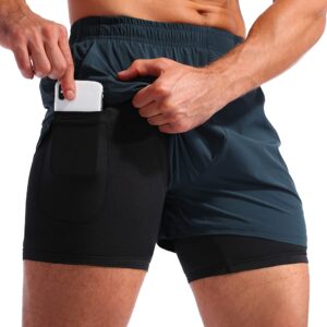 Pudolla Men’s 2 in 1 Running Shorts 5" Quick Dry Gym Athletic Workout Shorts for Men with Phone Pockets(Navy Blue Small)