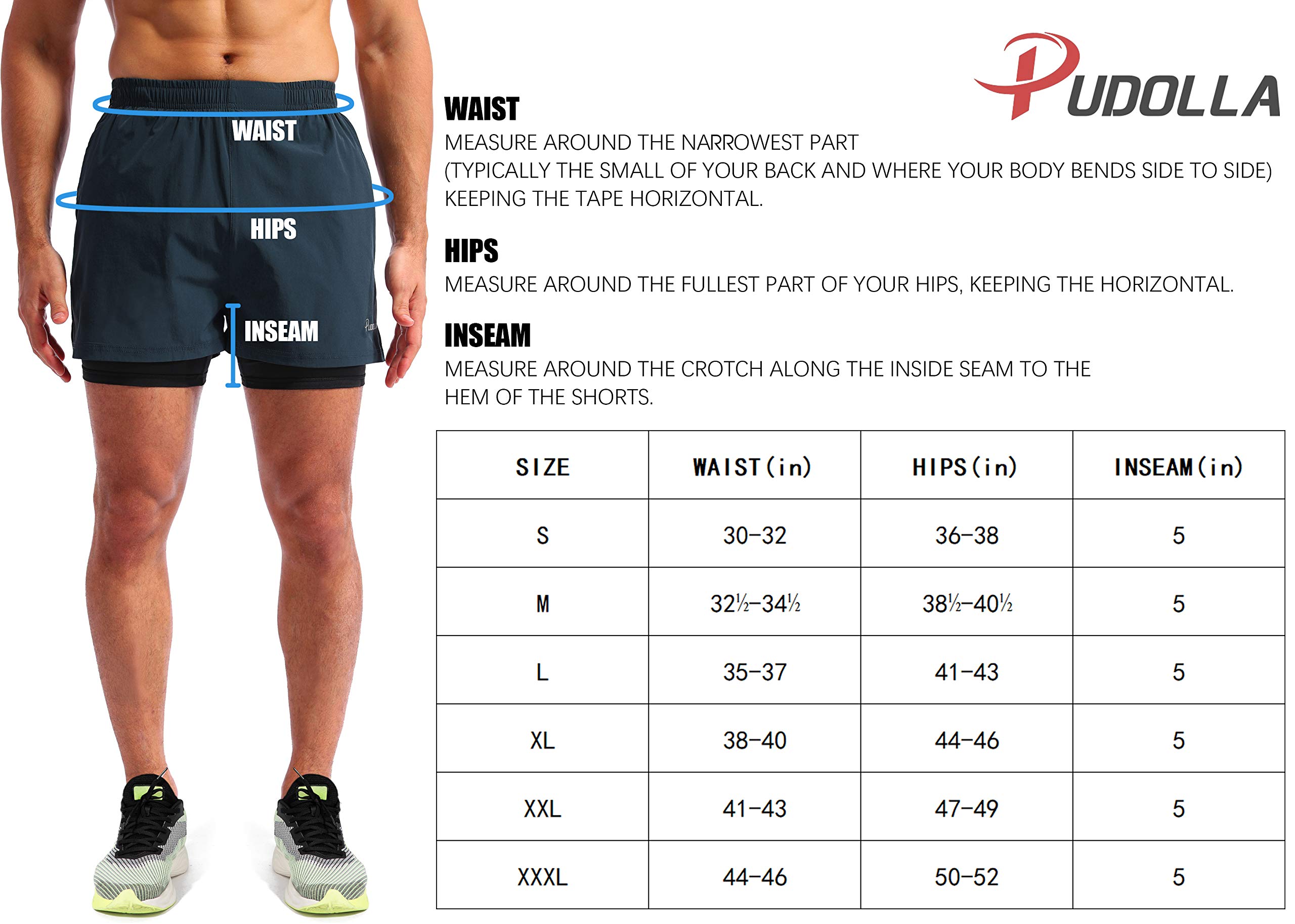 Pudolla Men’s 2 in 1 Running Shorts 5" Quick Dry Gym Athletic Workout Shorts for Men with Phone Pockets(Navy Blue Small)