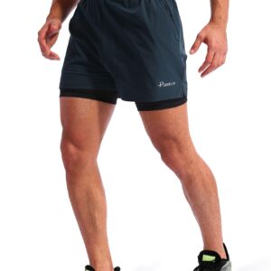 Pudolla Men’s 2 in 1 Running Shorts 5" Quick Dry Gym Athletic Workout Shorts for Men with Phone Pockets(Navy Blue Small)