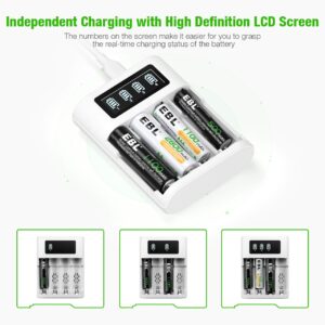 EBL LCD Battery Charger AA AAA Rechargeable Battery Charger - 4 Bay Smart LCD Charger with 2 USB Input Port for Ni-CD Ni-MH Battery