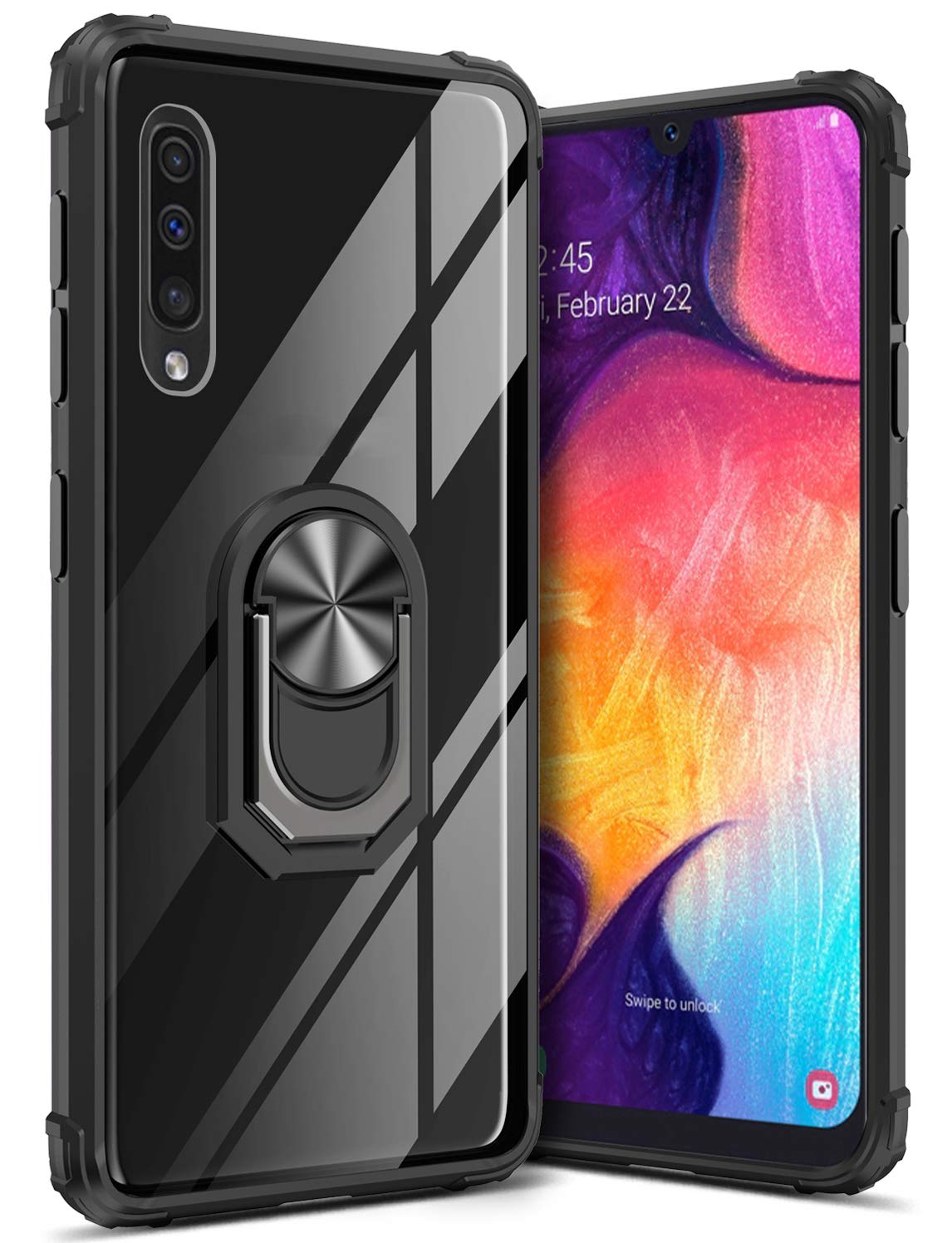 GREATRULY Kickstand Case for Samsung Galaxy A50 / A50s,Drop Protection Clear Case for Galaxy A50 / A50s,Slim Phone Cover Shell,Soft Bumper + Hard Back + Ring Stand Fits Magnetic Car Mount,Black