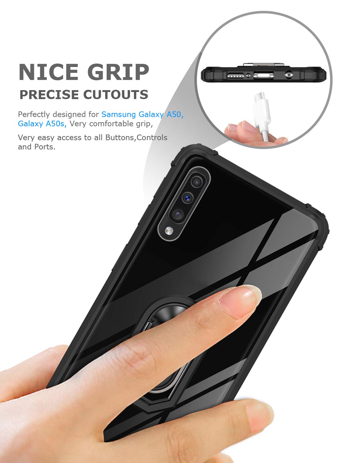 GREATRULY Kickstand Case for Samsung Galaxy A50 / A50s,Drop Protection Clear Case for Galaxy A50 / A50s,Slim Phone Cover Shell,Soft Bumper + Hard Back + Ring Stand Fits Magnetic Car Mount,Black