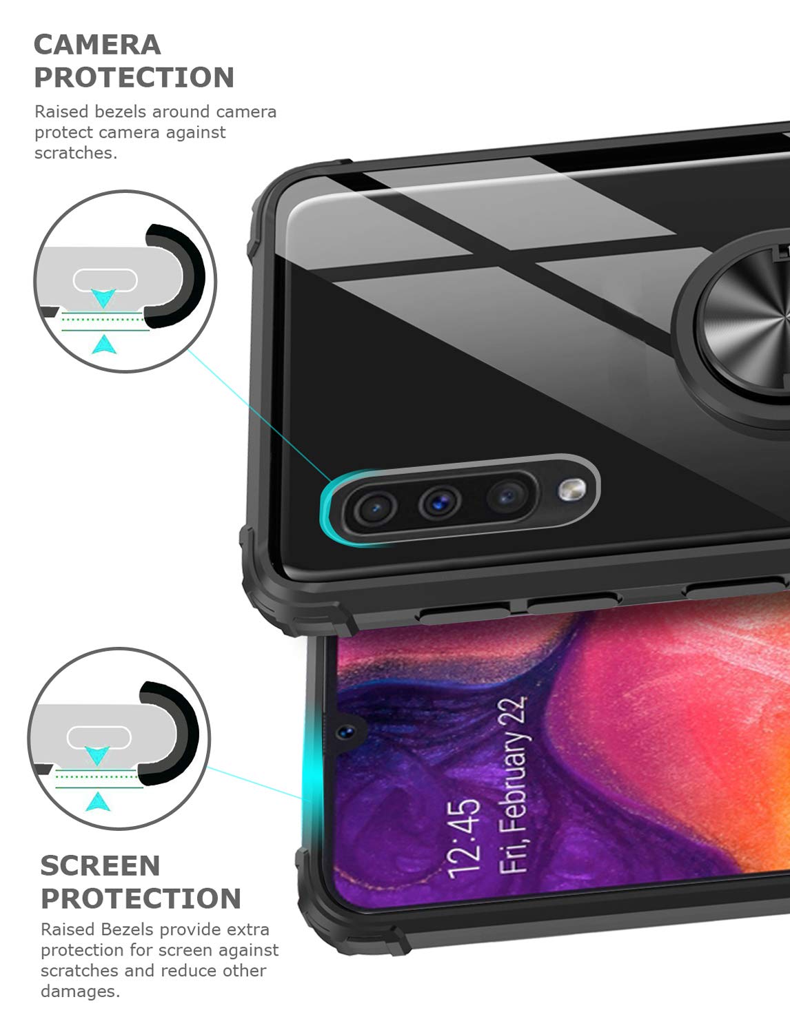 GREATRULY Kickstand Case for Samsung Galaxy A50 / A50s,Drop Protection Clear Case for Galaxy A50 / A50s,Slim Phone Cover Shell,Soft Bumper + Hard Back + Ring Stand Fits Magnetic Car Mount,Black