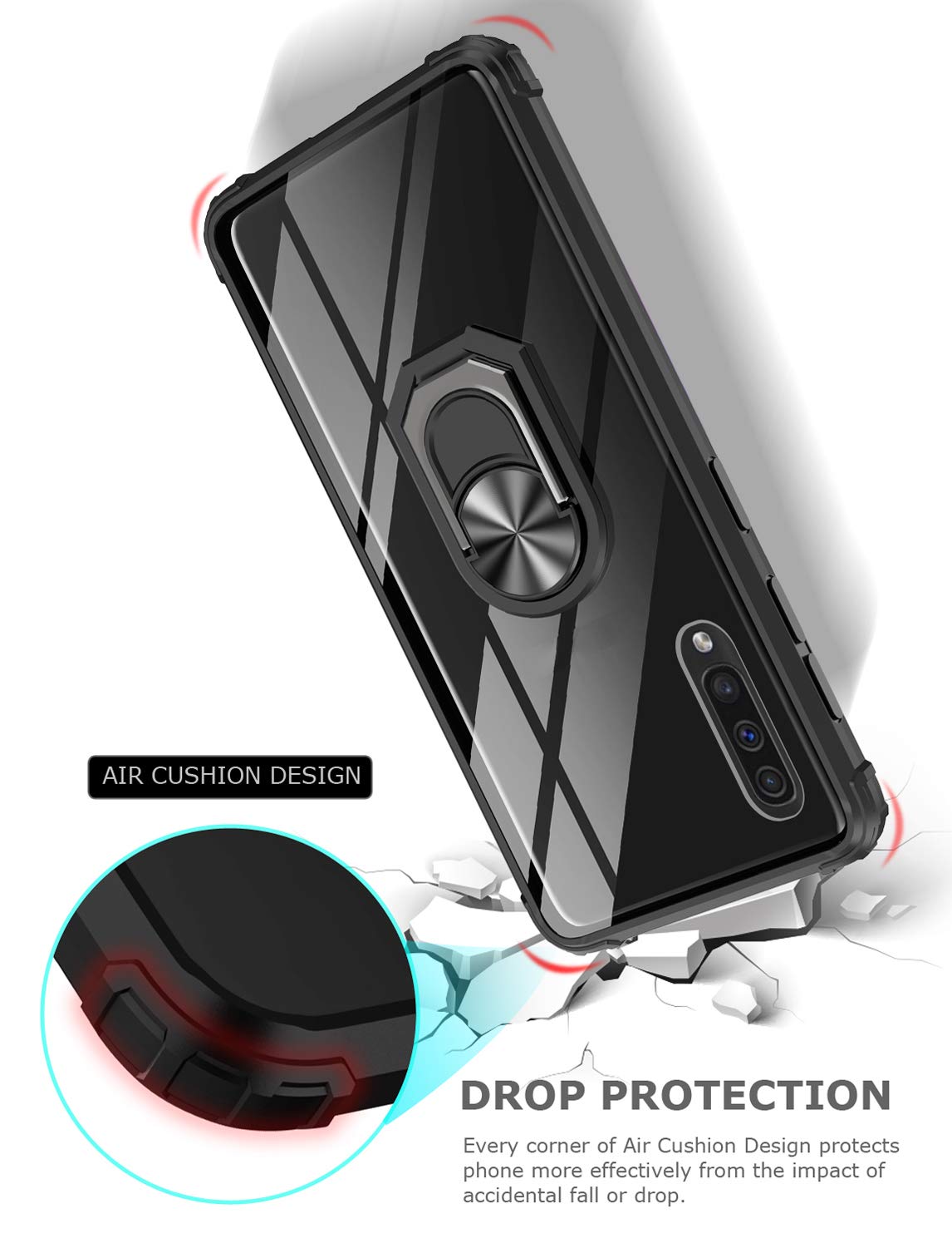 GREATRULY Kickstand Case for Samsung Galaxy A50 / A50s,Drop Protection Clear Case for Galaxy A50 / A50s,Slim Phone Cover Shell,Soft Bumper + Hard Back + Ring Stand Fits Magnetic Car Mount,Black