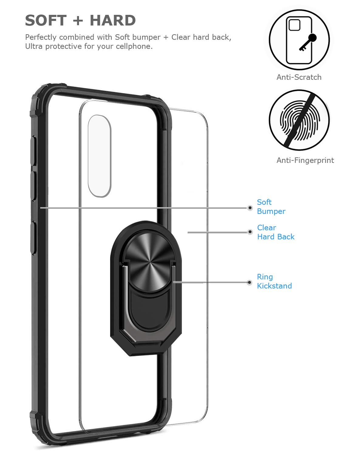 GREATRULY Kickstand Case for Samsung Galaxy A50 / A50s,Drop Protection Clear Case for Galaxy A50 / A50s,Slim Phone Cover Shell,Soft Bumper + Hard Back + Ring Stand Fits Magnetic Car Mount,Black