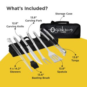 Oyaki Grill Set for Outdoor and Indoor Grilling - Heavy Duty BBQ Tools & Accessories Gift for Men, Dads, and Professional Smokers, 6 Stainless Steel Barbeque Utensils Kit with Case