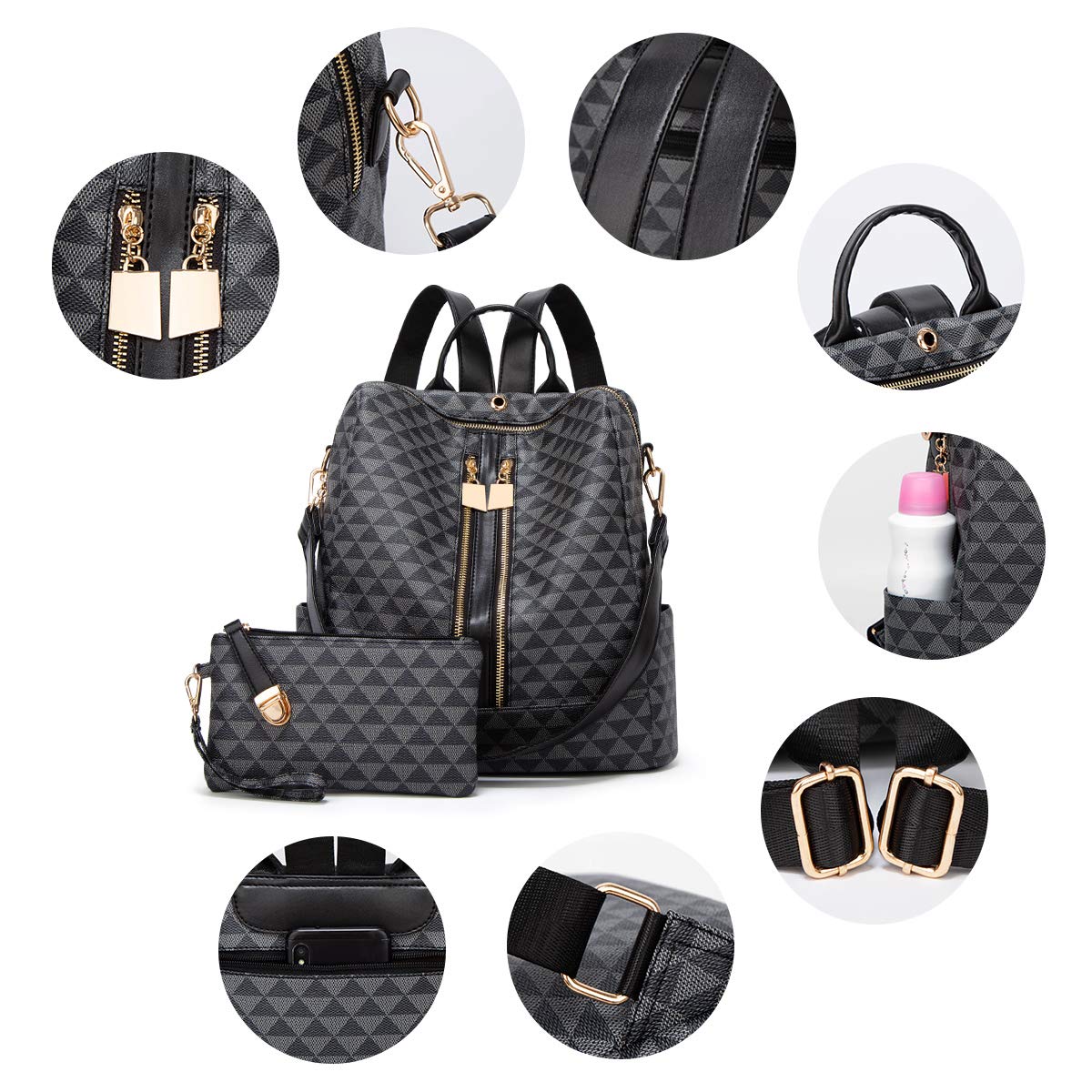 Makes Backpack Purse for Women PU Leather backpack Design Convertible handbag with Purse 2 Piece