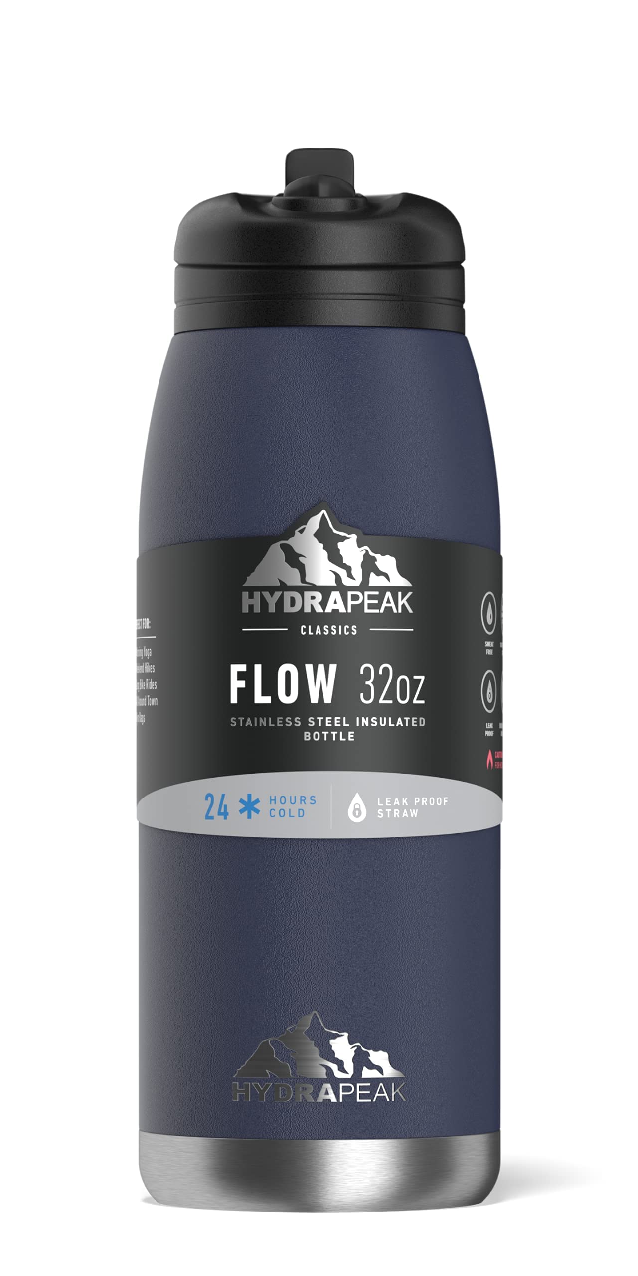 Hydrapeak Flow 32oz Insulated Water Bottle with Straw Lid, Waterbottle, Metal Water Bottle, Insulated Stainless Steel Water Bottles, BPA-Free & Leak-Proof, Straw and Handle (Navy)