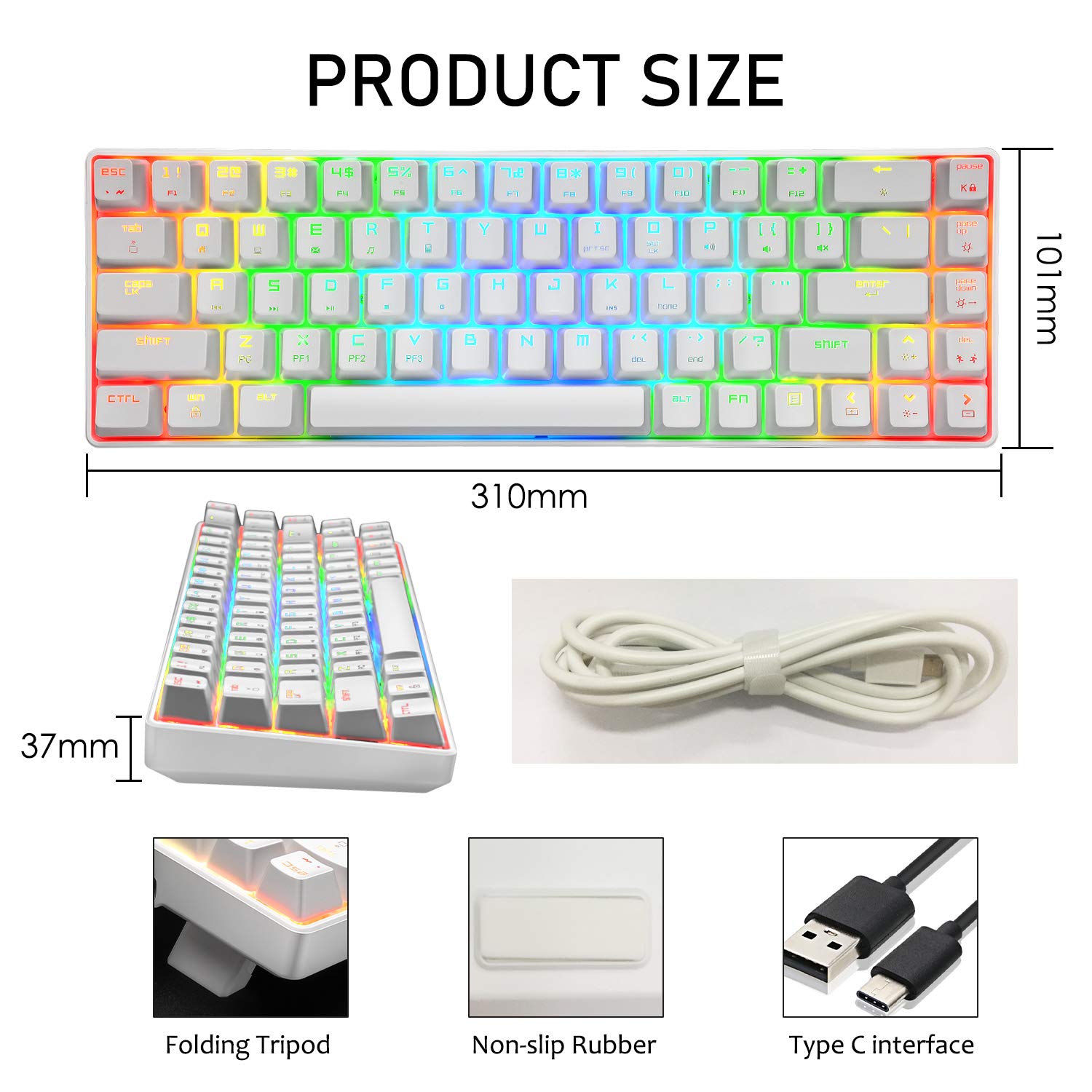 LexonElec MK 68 60% Mechanical Gaming Keyboard,Type-C Wired Computer Keyboard,18 Chroma RGB Backlit Keyboard Blue Switches,68 Keys Anti-ghosting for Laptop PC Gamer(White RGB)