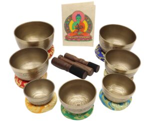 singing bowl set of 7, thadobati design himalayan sound bowl, handcrafted, hand hammered, comes w/silk cushions, 3 sticks, buddhist card, brocade box ideal for meditation, yoga, mindfulness healing