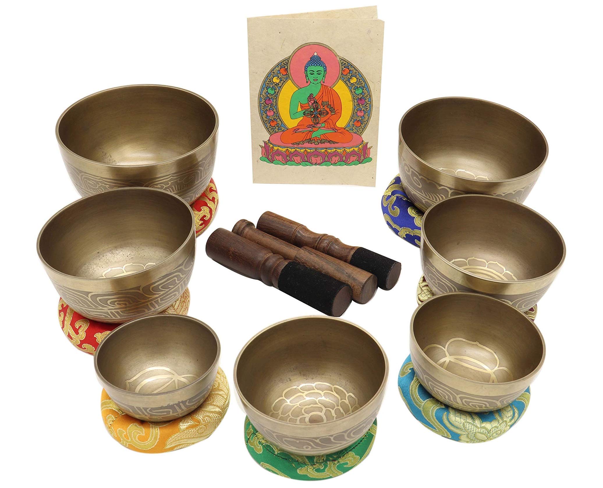 Singing Bowl Set of 7, Thadobati Design Himalayan Sound Bowl, Handcrafted, Hand hammered, Comes w/silk cushions, 3 sticks, Buddhist card, Brocade Box Ideal for Meditation, Yoga, Mindfulness Healing