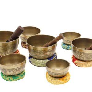 Singing Bowl Set of 7, Thadobati Design Himalayan Sound Bowl, Handcrafted, Hand hammered, Comes w/silk cushions, 3 sticks, Buddhist card, Brocade Box Ideal for Meditation, Yoga, Mindfulness Healing