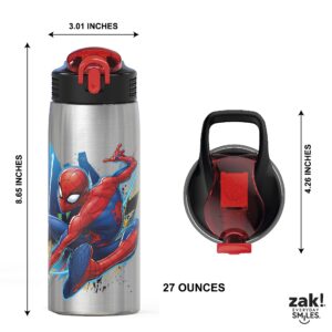 Zak Designs 27oz Marvel 18/8 Single Wall Stainless Steel Water Bottle with Flip-up Straw and Locking Spout Cover, Durable Cup for Sports or Travel (27oz, Spider-Man)