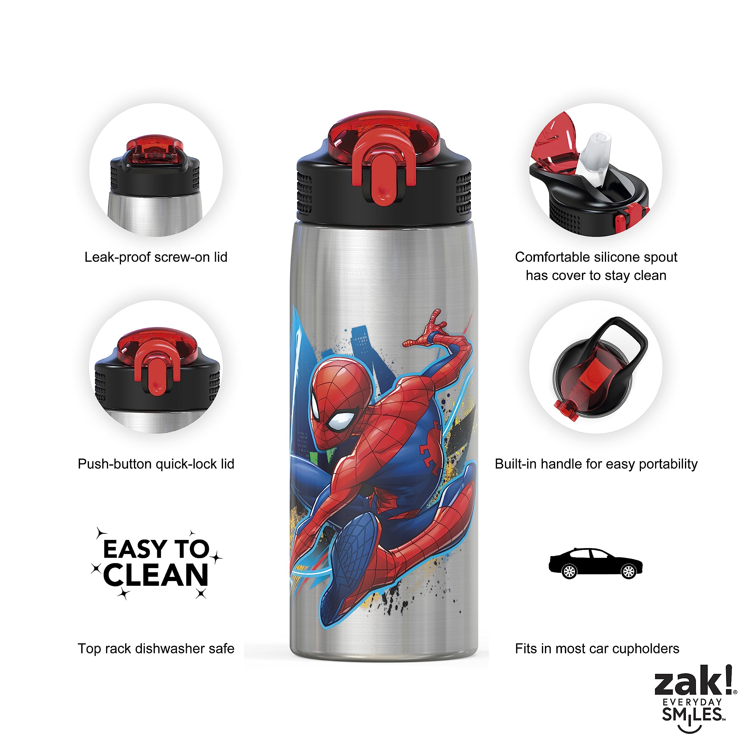 Zak Designs 27oz Marvel 18/8 Single Wall Stainless Steel Water Bottle with Flip-up Straw and Locking Spout Cover, Durable Cup for Sports or Travel (27oz, Spider-Man)