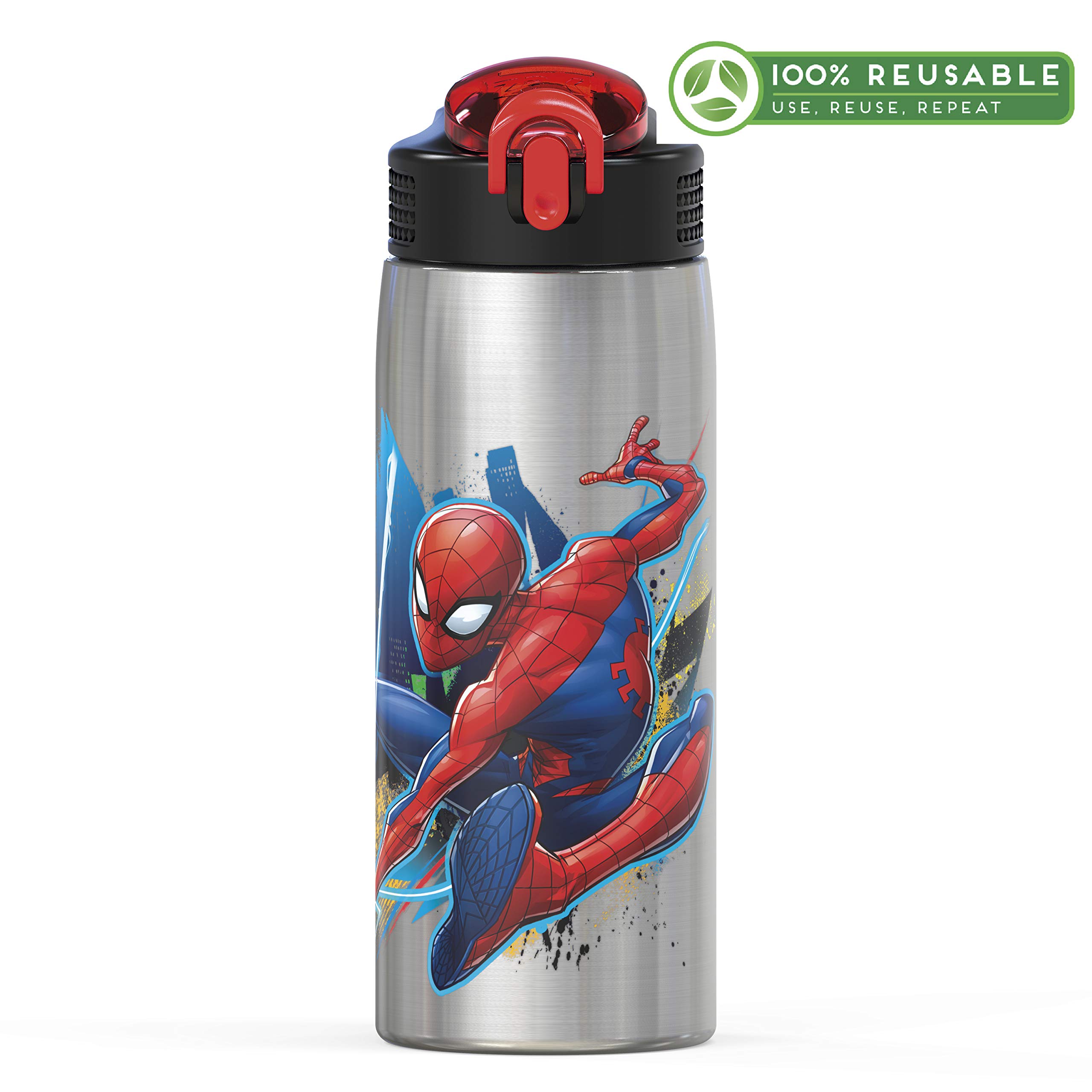 Zak Designs 27oz Marvel 18/8 Single Wall Stainless Steel Water Bottle with Flip-up Straw and Locking Spout Cover, Durable Cup for Sports or Travel (27oz, Spider-Man)