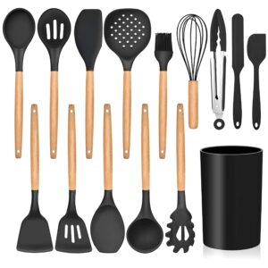 LIANYU 13-Piece Silicone Kitchen Cooking Utensils Set with Holder, Wooden Handle Utensils for Cooking, Kitchen Tools Include Spatula Turner Spoons Soup Ladle Tong Whisk, Black