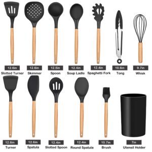 LIANYU 13-Piece Silicone Kitchen Cooking Utensils Set with Holder, Wooden Handle Utensils for Cooking, Kitchen Tools Include Spatula Turner Spoons Soup Ladle Tong Whisk, Black