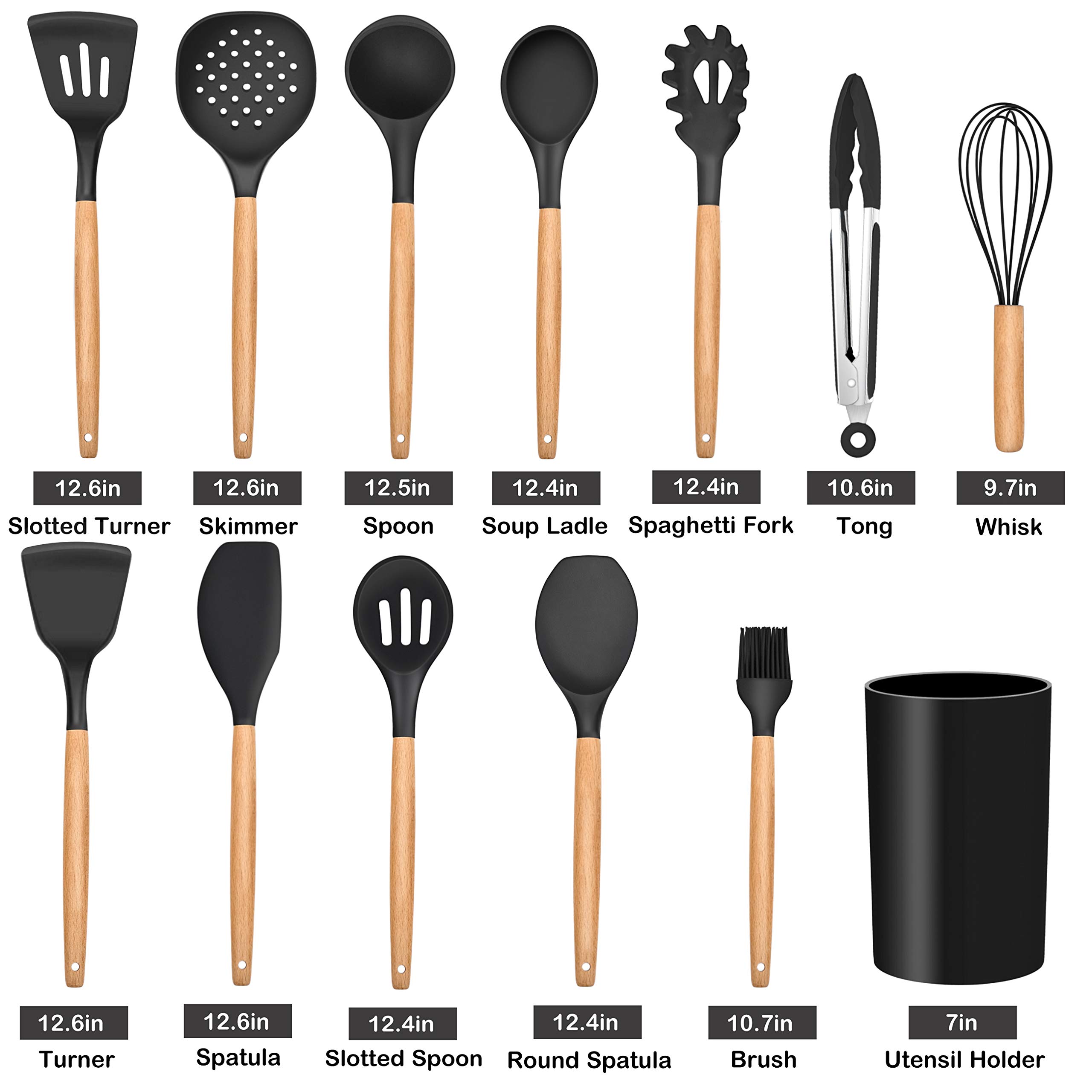 LIANYU 13-Piece Silicone Kitchen Cooking Utensils Set with Holder, Wooden Handle Utensils for Cooking, Kitchen Tools Include Spatula Turner Spoons Soup Ladle Tong Whisk, Black