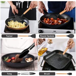 LIANYU 13-Piece Silicone Kitchen Cooking Utensils Set with Holder, Wooden Handle Utensils for Cooking, Kitchen Tools Include Spatula Turner Spoons Soup Ladle Tong Whisk, Black