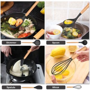 LIANYU 13-Piece Silicone Kitchen Cooking Utensils Set with Holder, Wooden Handle Utensils for Cooking, Kitchen Tools Include Spatula Turner Spoons Soup Ladle Tong Whisk, Black