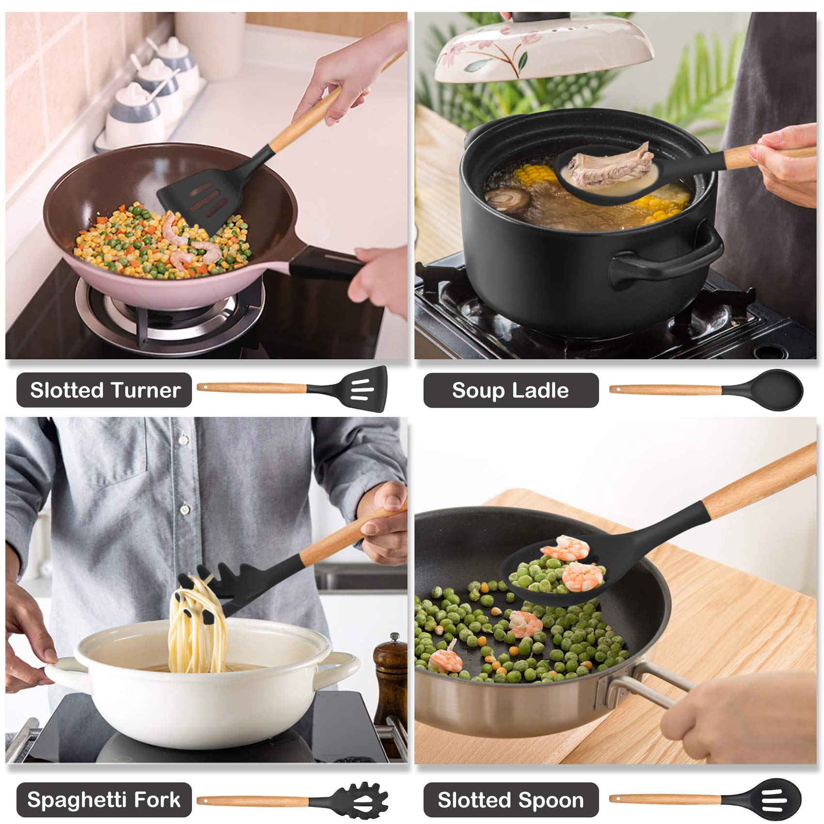 LIANYU 13-Piece Silicone Kitchen Cooking Utensils Set with Holder, Wooden Handle Utensils for Cooking, Kitchen Tools Include Spatula Turner Spoons Soup Ladle Tong Whisk, Black