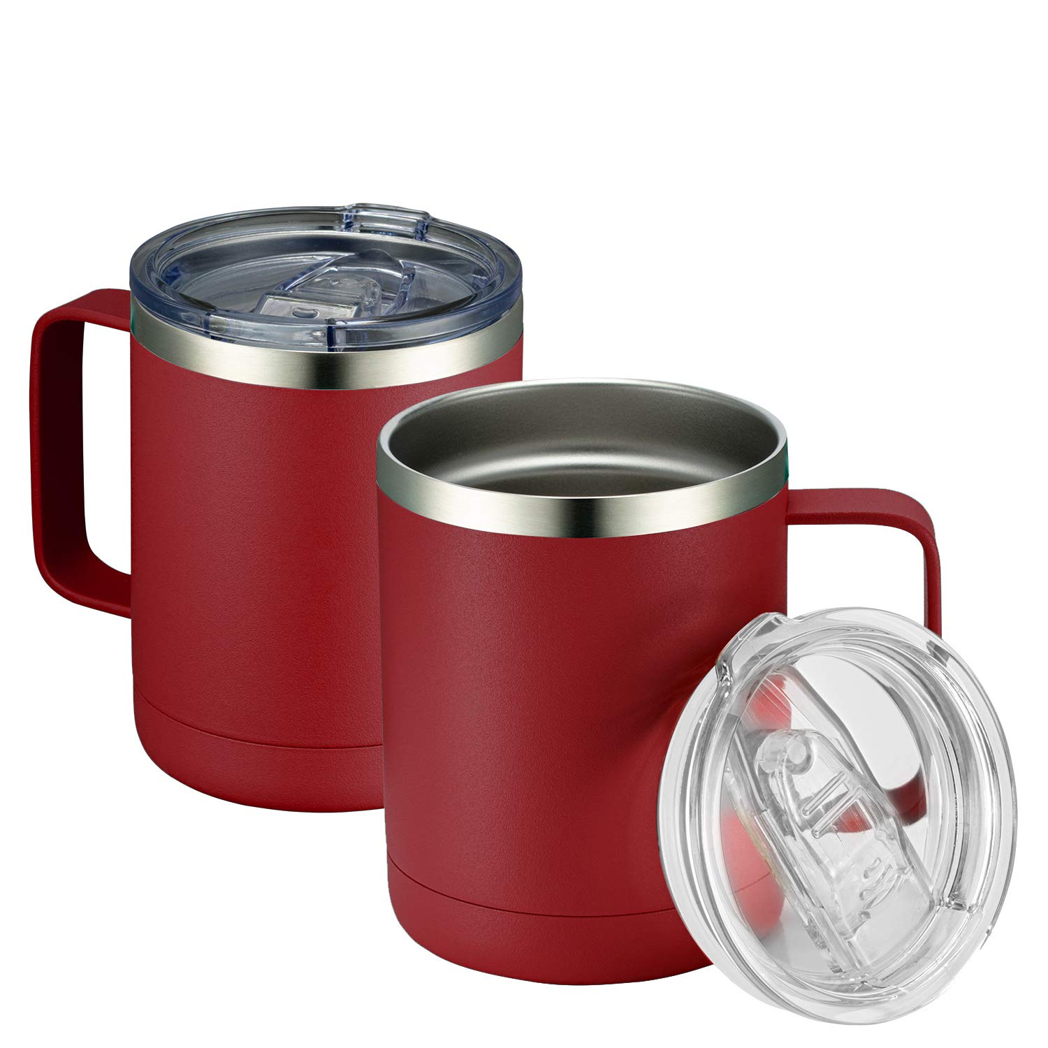 MEWAY 12oz Coffee Mug With Handle 2 Pack Bulk,Stainless Steel Insulated Travel Tumblers With Sliding Lid,Double Wall Vacuum Camping Cup for Hot & Cold Drinks Tea (Red,Set of 2)