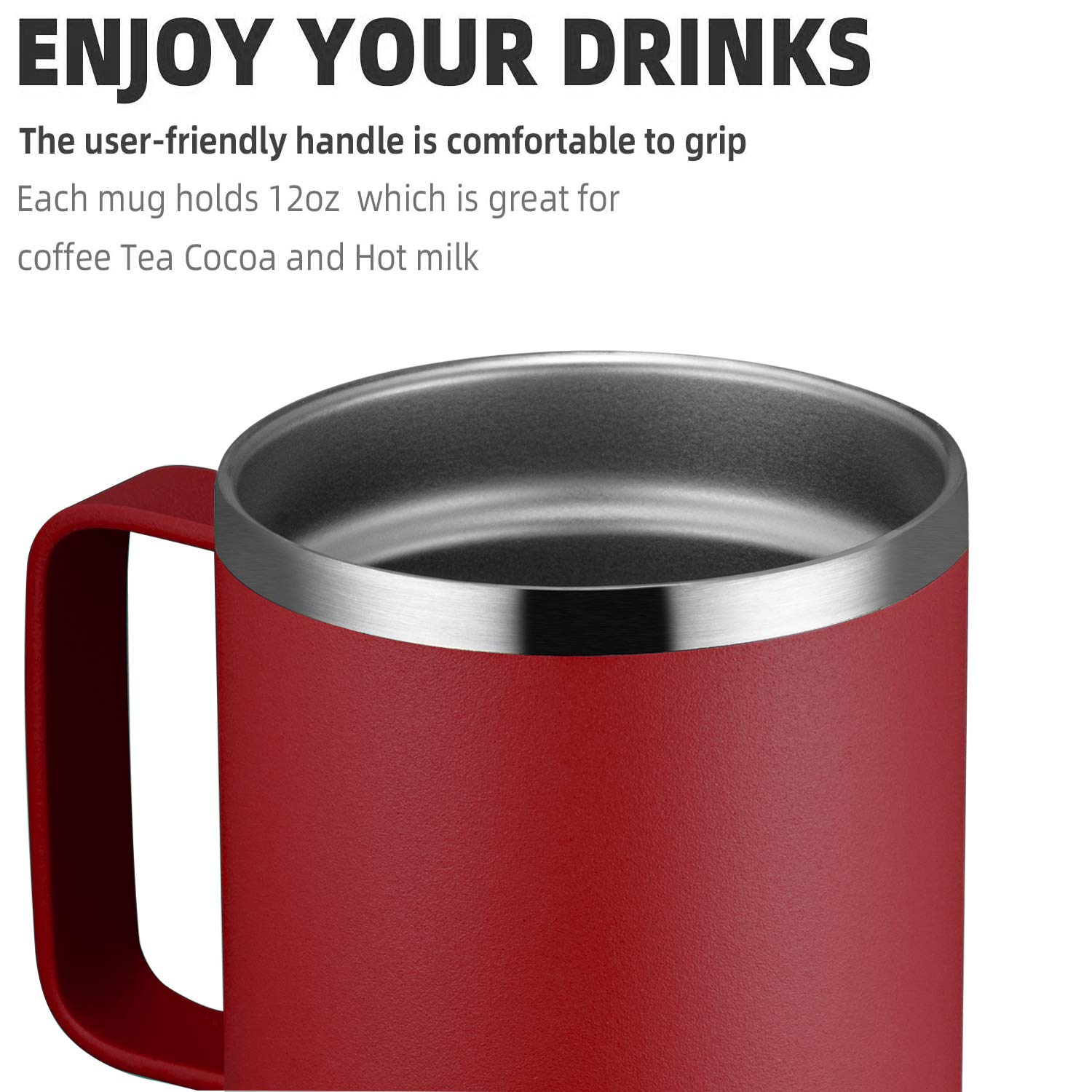 MEWAY 12oz Coffee Mug With Handle 2 Pack Bulk,Stainless Steel Insulated Travel Tumblers With Sliding Lid,Double Wall Vacuum Camping Cup for Hot & Cold Drinks Tea (Red,Set of 2)