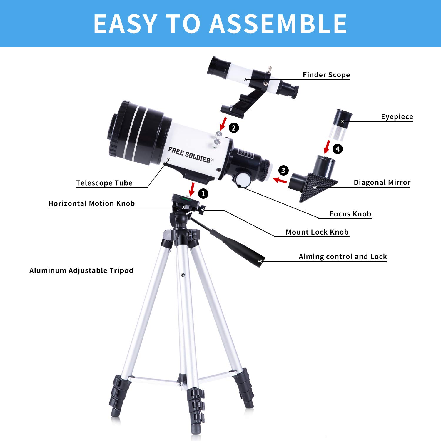 Telescope for Kids Adults Beginners - 15X-150X High Power Astronomical Refractor Telescope Portable Travel Telescope for Adults Cool Astronomy for Christmas, White