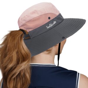 womens beach sun hat mesh high ponytail hole wide brim uv protection bucket hat outdoor fishing cap summer 22.5" (as1, alpha, m, pink)