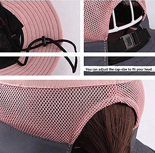 Womens Beach Sun Hat Mesh High Ponytail Hole Wide Brim UV Protection Bucket Hat Outdoor Fishing Cap Summer 22.5" (as1, Alpha, m, Pink)