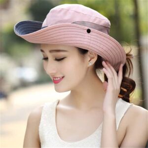 Womens Beach Sun Hat Mesh High Ponytail Hole Wide Brim UV Protection Bucket Hat Outdoor Fishing Cap Summer 22.5" (as1, Alpha, m, Pink)