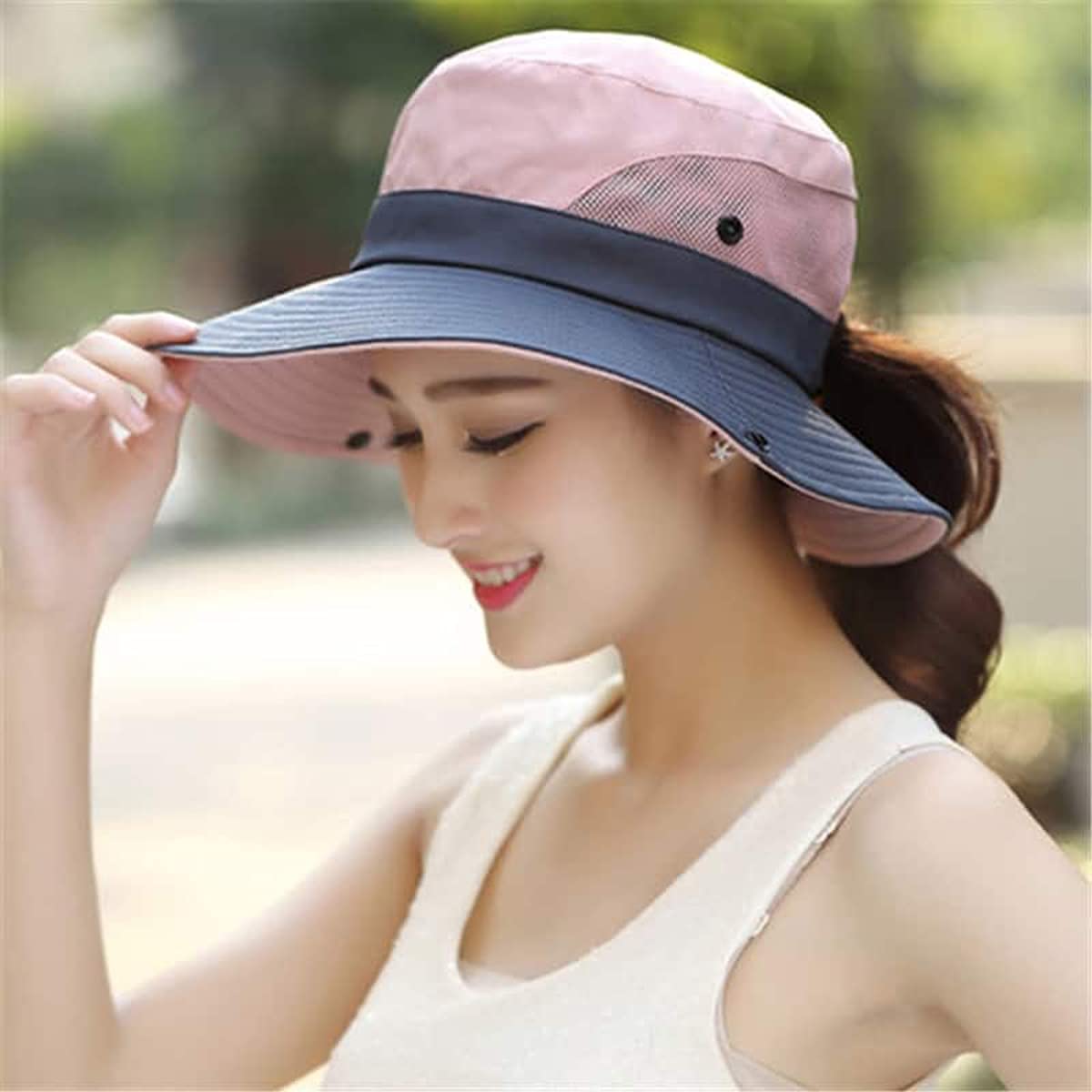 Womens Beach Sun Hat Mesh High Ponytail Hole Wide Brim UV Protection Bucket Hat Outdoor Fishing Cap Summer 22.5" (as1, Alpha, m, Pink)